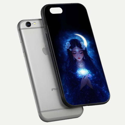 Mystic Moon Queen Glass Case for iPhone 16 Pro floating dual-view mockup showing HD gloss and cosmic glow