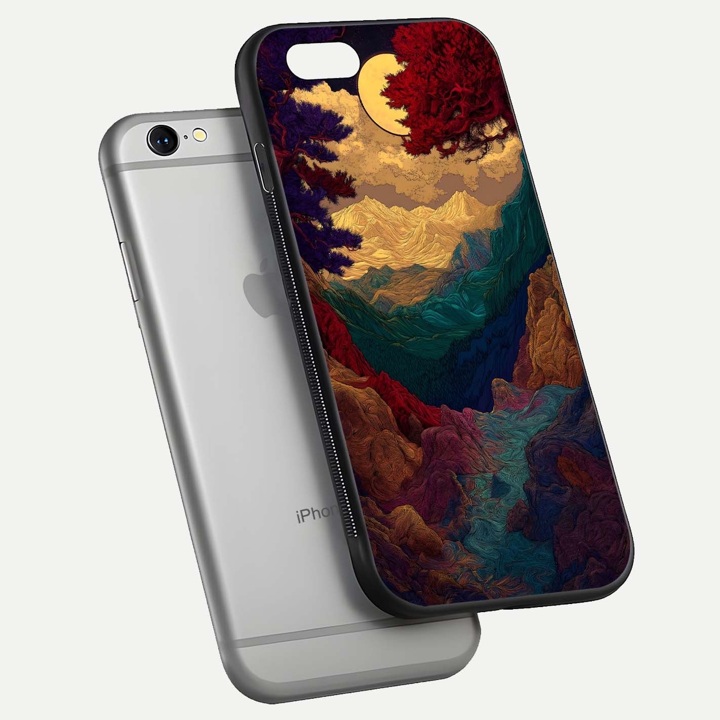 Mystic Valley Light Glass Case for iPhone 16 Pro floating dual-view mockup showing HD gloss and light blend
