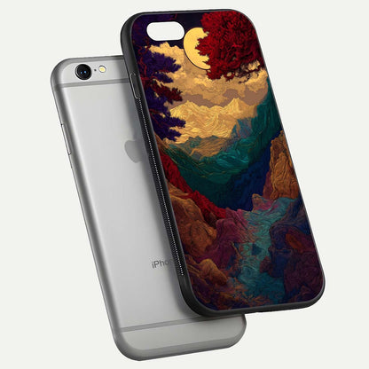 Mystic Valley Light Glass Case for iPhone 16 Pro floating dual-view mockup showing HD gloss and light blend