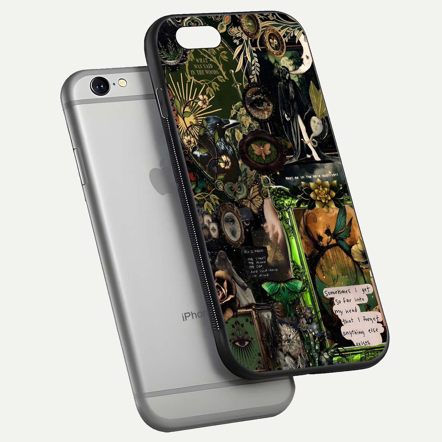 Mystic Woods Secret Glass Case for iPhone 16 Pro floating dual-view mockup showing HD shine and depth