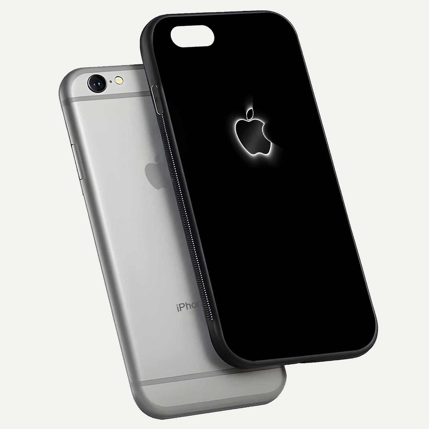 Neon Apple Glow Glass Case for iPhone 16 Pro floating dual-view mockup showing HD shine and modern look