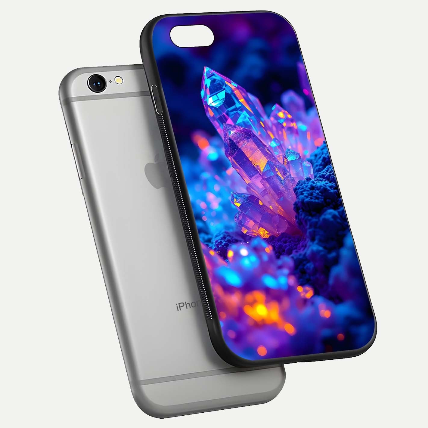 Neon Aura Shards Glass Case for iPhone 16 Pro floating dual-view mockup showing HD shine and shard texture