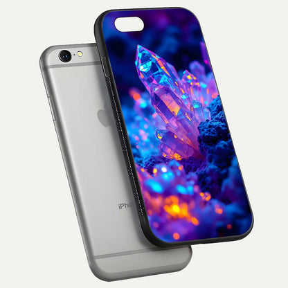 Neon Aura Shards Glass Case for iPhone 16 Pro floating dual-view mockup showing HD shine and shard texture