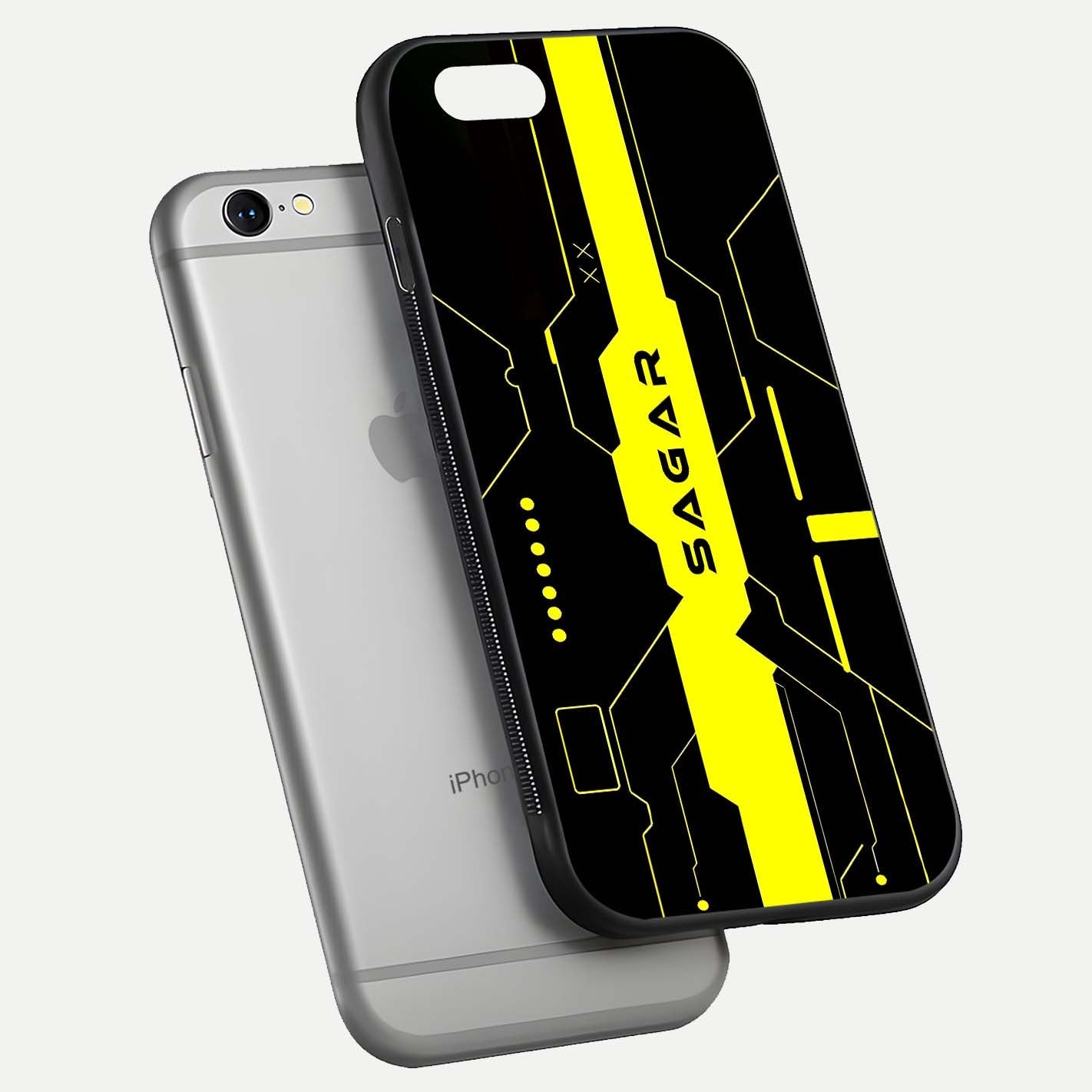 Neon CYBERPUNK Custom Name Glass Case for iPhone 16 Pro floating dual-view mockup showing HD shine and neon lines