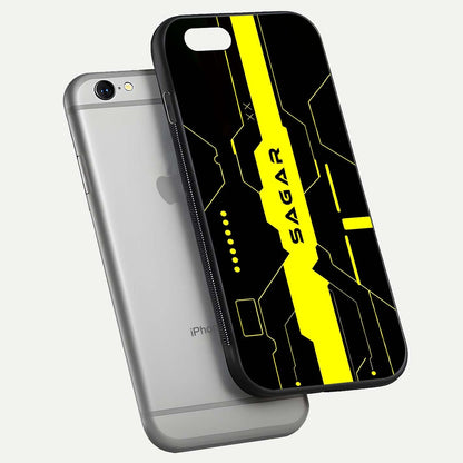 Neon CYBERPUNK Custom Name Glass Case for iPhone 16 Pro floating dual-view mockup showing HD shine and neon lines