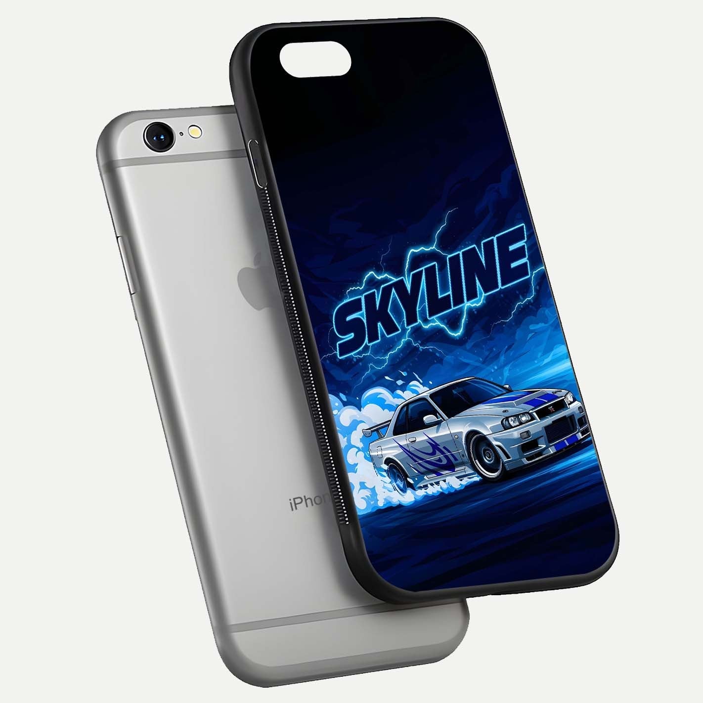 Neon Drift Beast Glass Case for iPhone 16 Pro floating dual-view mockup showing gloss texture and motion glow