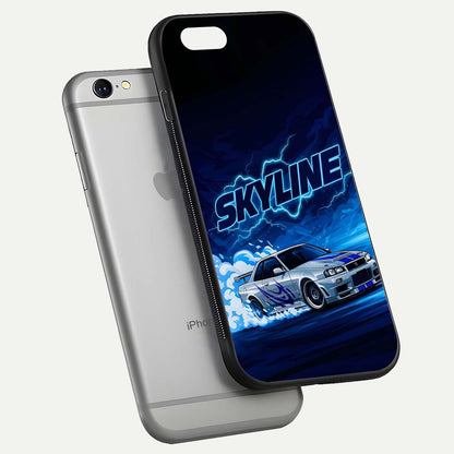 Neon Drift Beast Glass Case for iPhone 16 Pro floating dual-view mockup showing gloss texture and motion glow