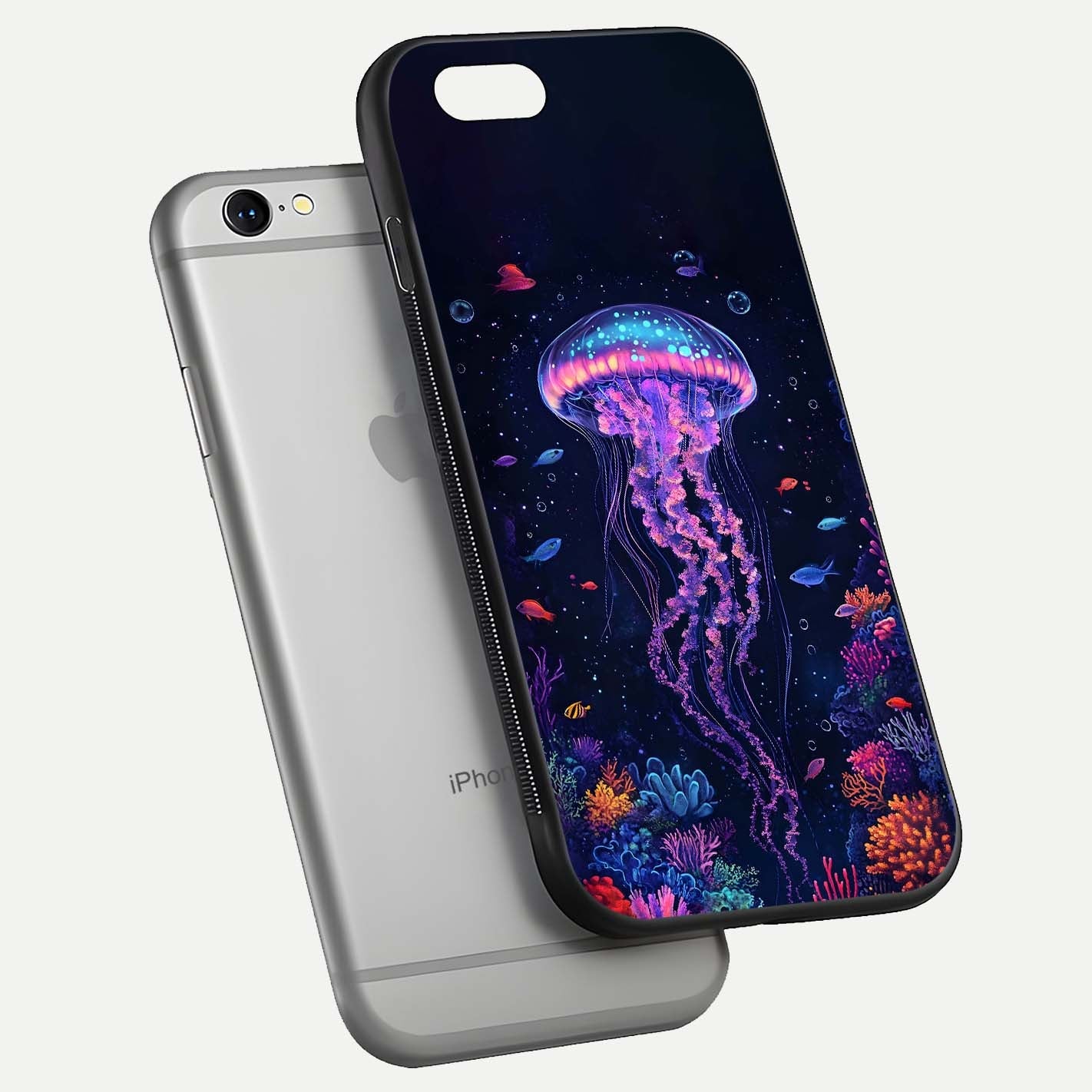 Neon Jellyfish Glass Case for iPhone 16 Pro floating dual-view mockup showing gloss texture and underwater glow