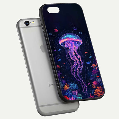 Neon Jellyfish Glass Case for iPhone 16 Pro floating dual-view mockup showing gloss texture and underwater glow