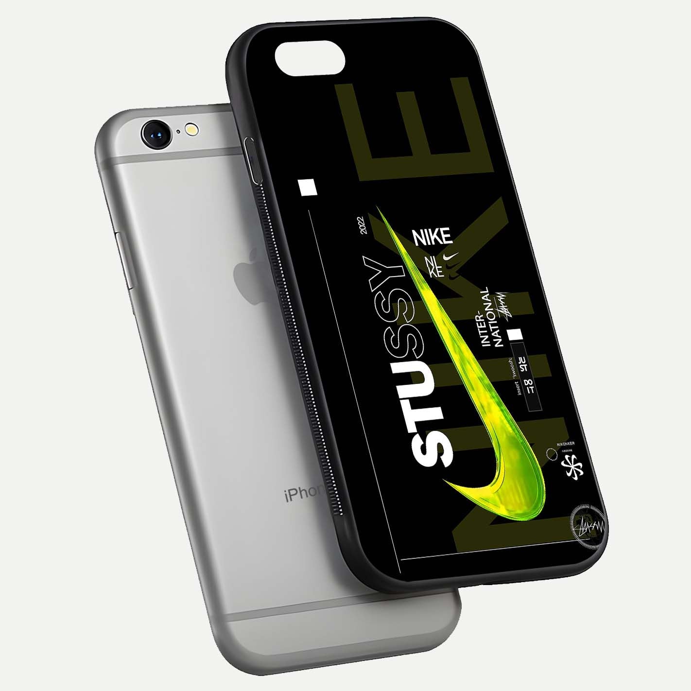 Neon Street Edition Glass Case for iPhone 16 Pro floating dual-view mockup showing HD gloss and neon glow