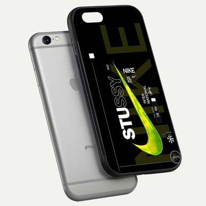 Neon Street Edition Glass Case for iPhone 16 Pro floating dual-view mockup showing HD gloss and neon glow