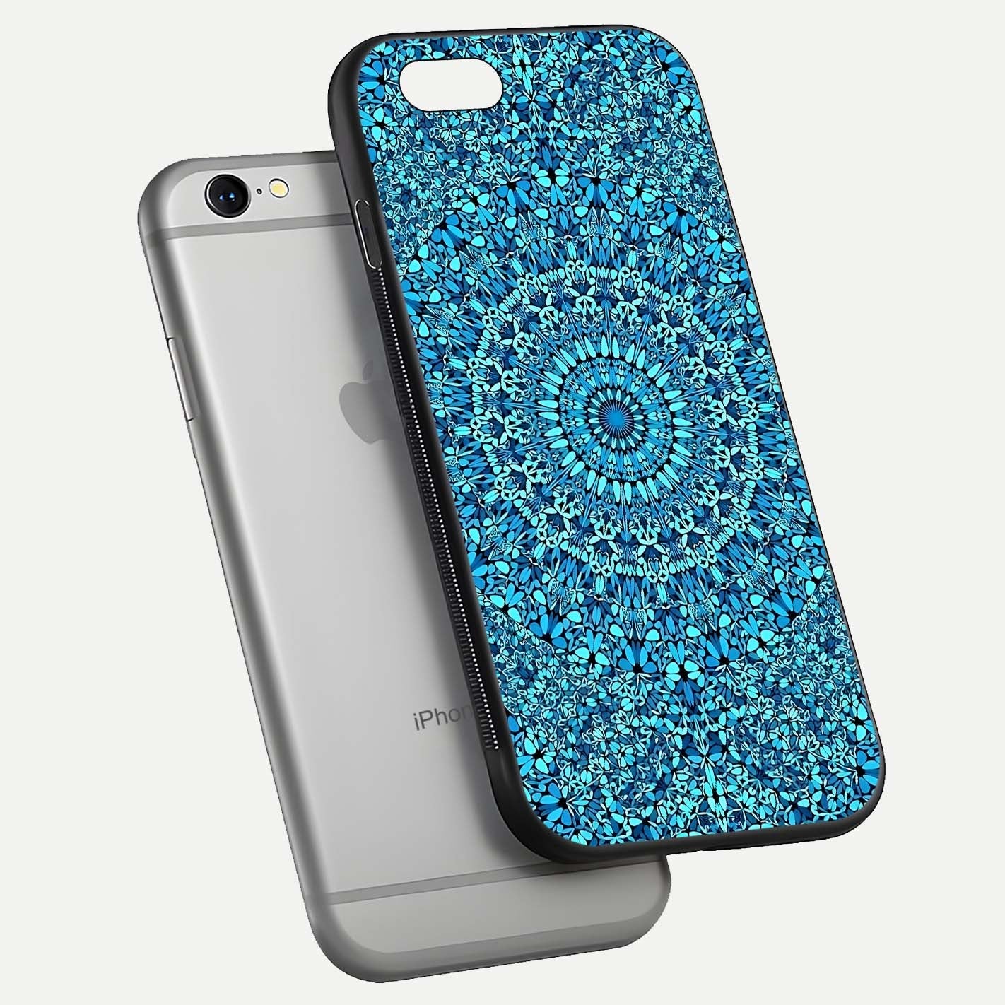 Ocean Bloom Mandala Glass Case for iPhone 16 Pro floating dual-view mockup showing gloss texture and print depth