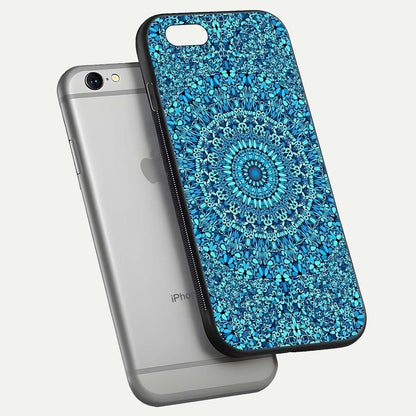 Ocean Bloom Mandala Glass Case for iPhone 16 Pro floating dual-view mockup showing gloss texture and print depth