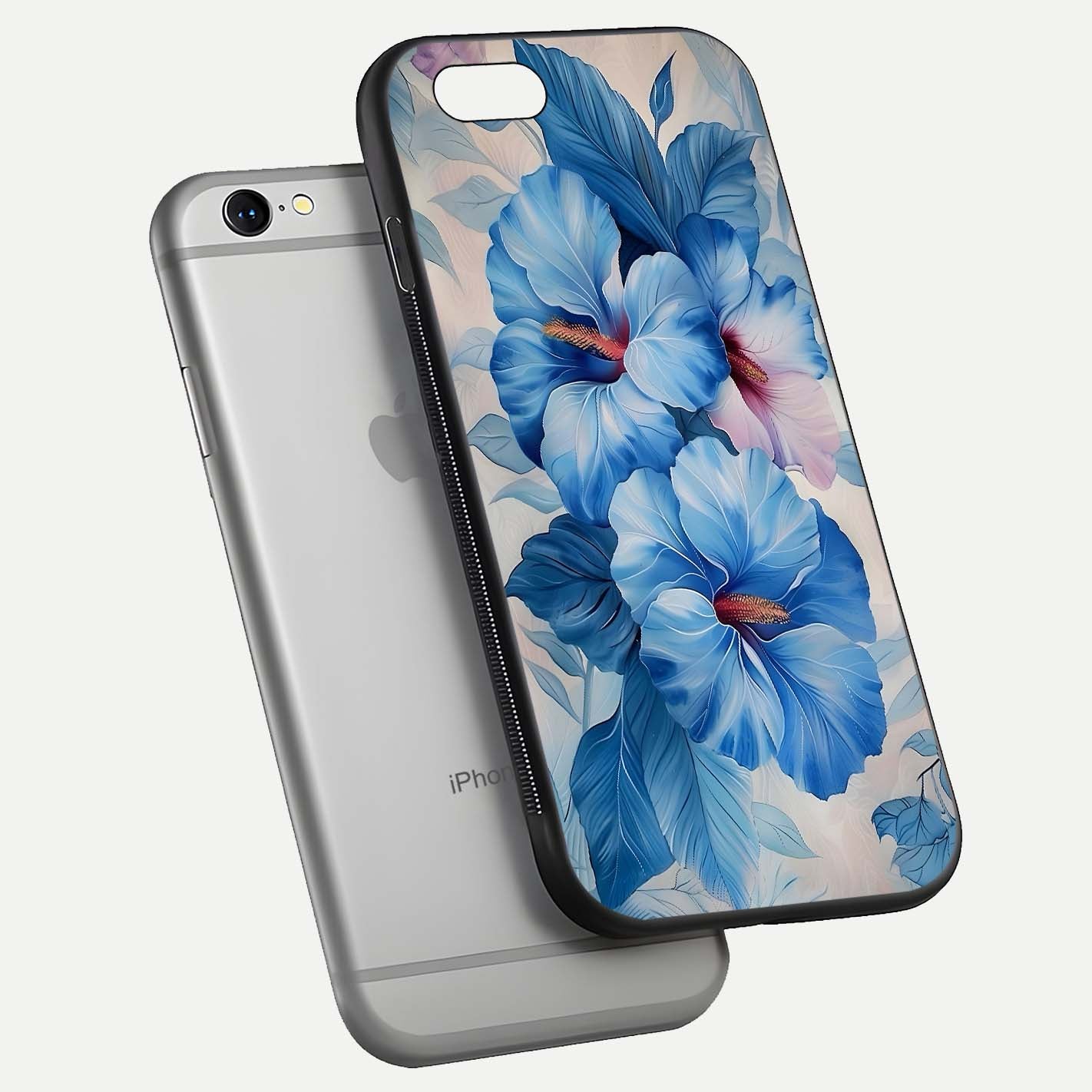 Ocean Hibiscus Grace Glass Case for iPhone 16 Pro floating dual-view mockup showing gloss reflection and print clarity