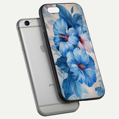 Ocean Hibiscus Grace Glass Case for iPhone 16 Pro floating dual-view mockup showing gloss reflection and print clarity
