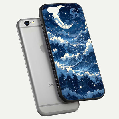 Ocean Moon Waves Glass Case for iPhone 16 Pro floating dual-view mockup showing gloss texture and moon glow