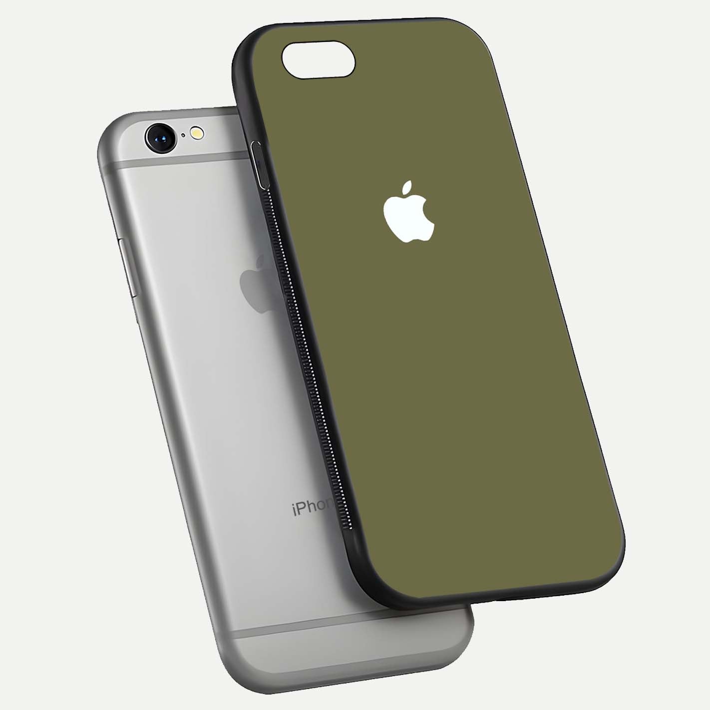 Olive Matte Essence Glass Case for iPhone 16 Pro floating dual-view mockup showing matte gloss and depth