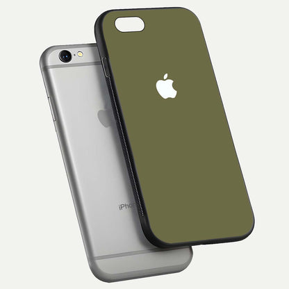 Olive Matte Essence Glass Case for iPhone 16 Pro floating dual-view mockup showing matte gloss and depth