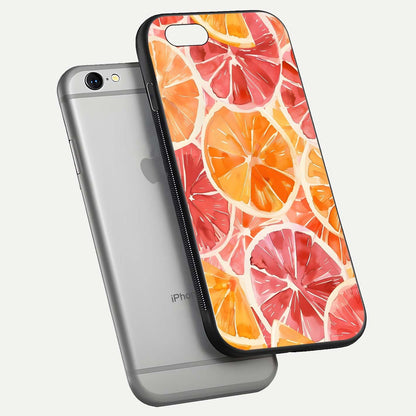 Orange Fruits Pattern Glass Case for iPhone 16 Pro floating dual-view mockup showing gloss reflection and HD tone