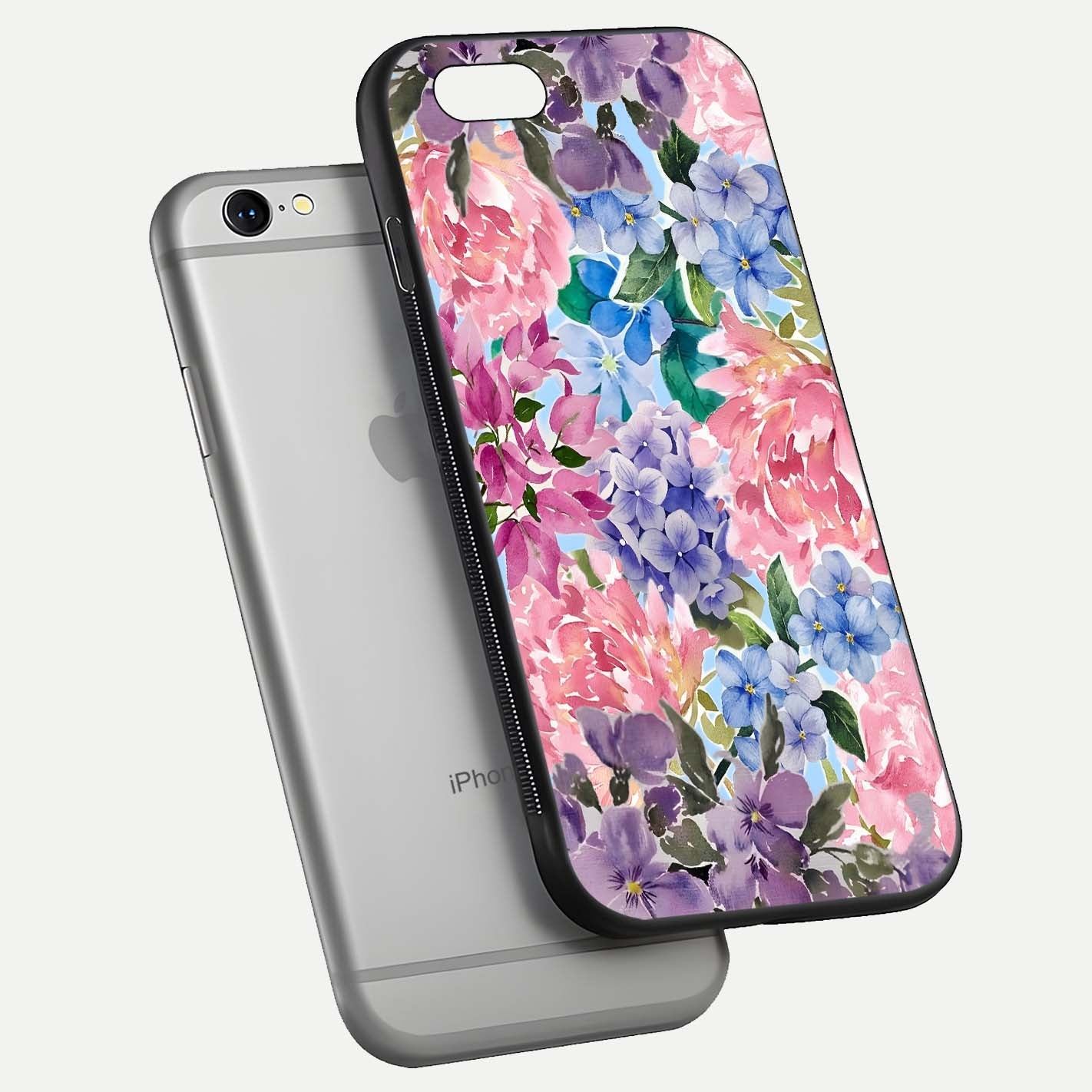Pastel Floral Mix Glass Case for iPhone 16 Pro floating dual-view mockup showing HD gloss and floral texture
