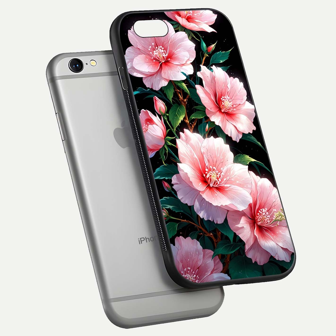 Peach Flower Glass Case for iPhone 16 Pro floating dual-view mockup displaying shine and delicate flower art