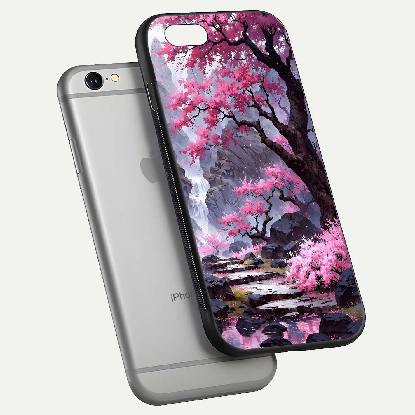 Pinkish Scenery Glass Case for iPhone 16 Pro floating dual-view mockup displaying gloss shine and artistic tone