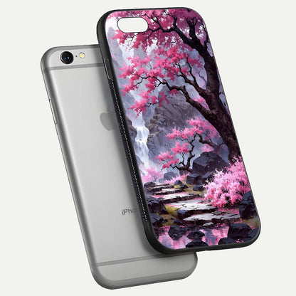 Pinkish Scenery Glass Case for iPhone 16 Pro floating dual-view mockup displaying gloss shine and artistic tone