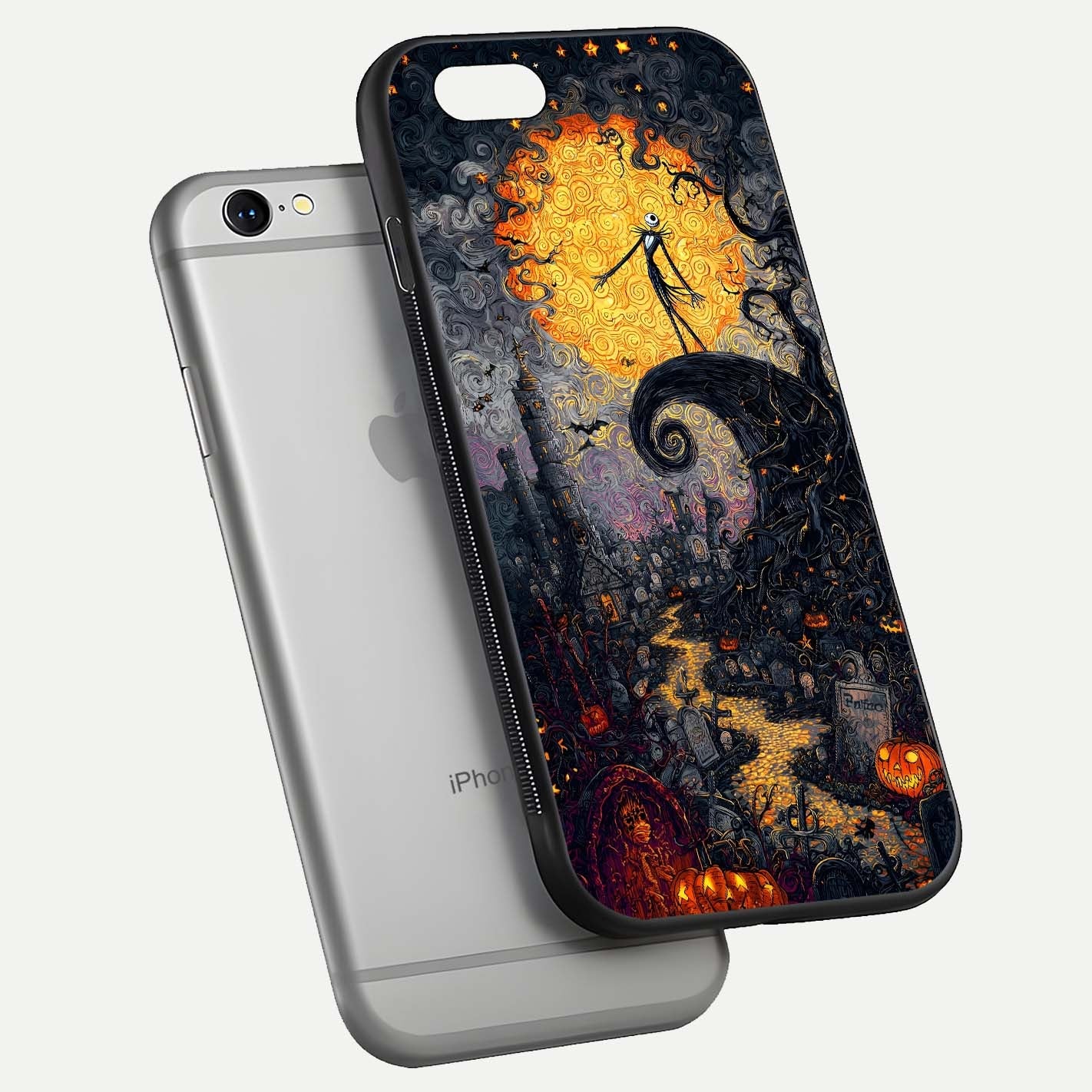 Pumpkin Moon Night Glass Case for iPhone 16 Pro floating dual-view mockup showing HD gloss and spooky detail