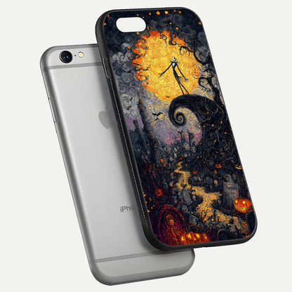 Pumpkin Moon Night Glass Case for iPhone 16 Pro floating dual-view mockup showing HD gloss and spooky detail