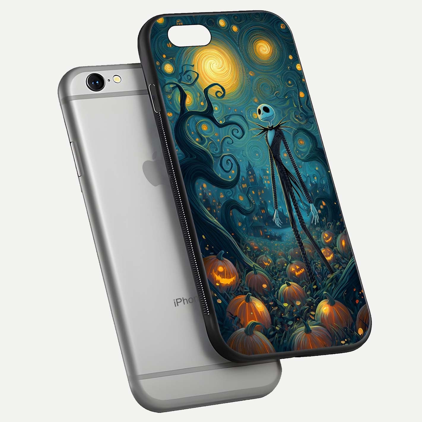 Pumpkin Moonlight Tale Glass Case for iPhone 16 Pro floating dual-view mockup showing HD gloss and eerie design