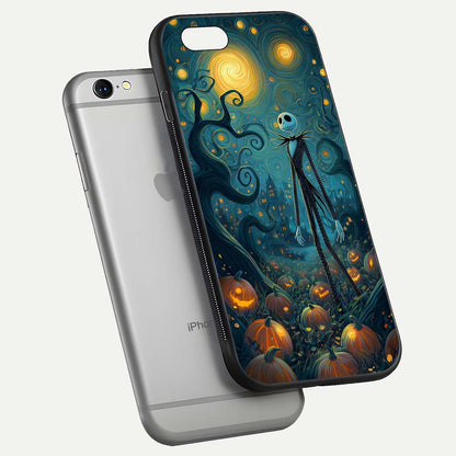 Pumpkin Moonlight Tale Glass Case for iPhone 16 Pro floating dual-view mockup showing HD gloss and eerie design