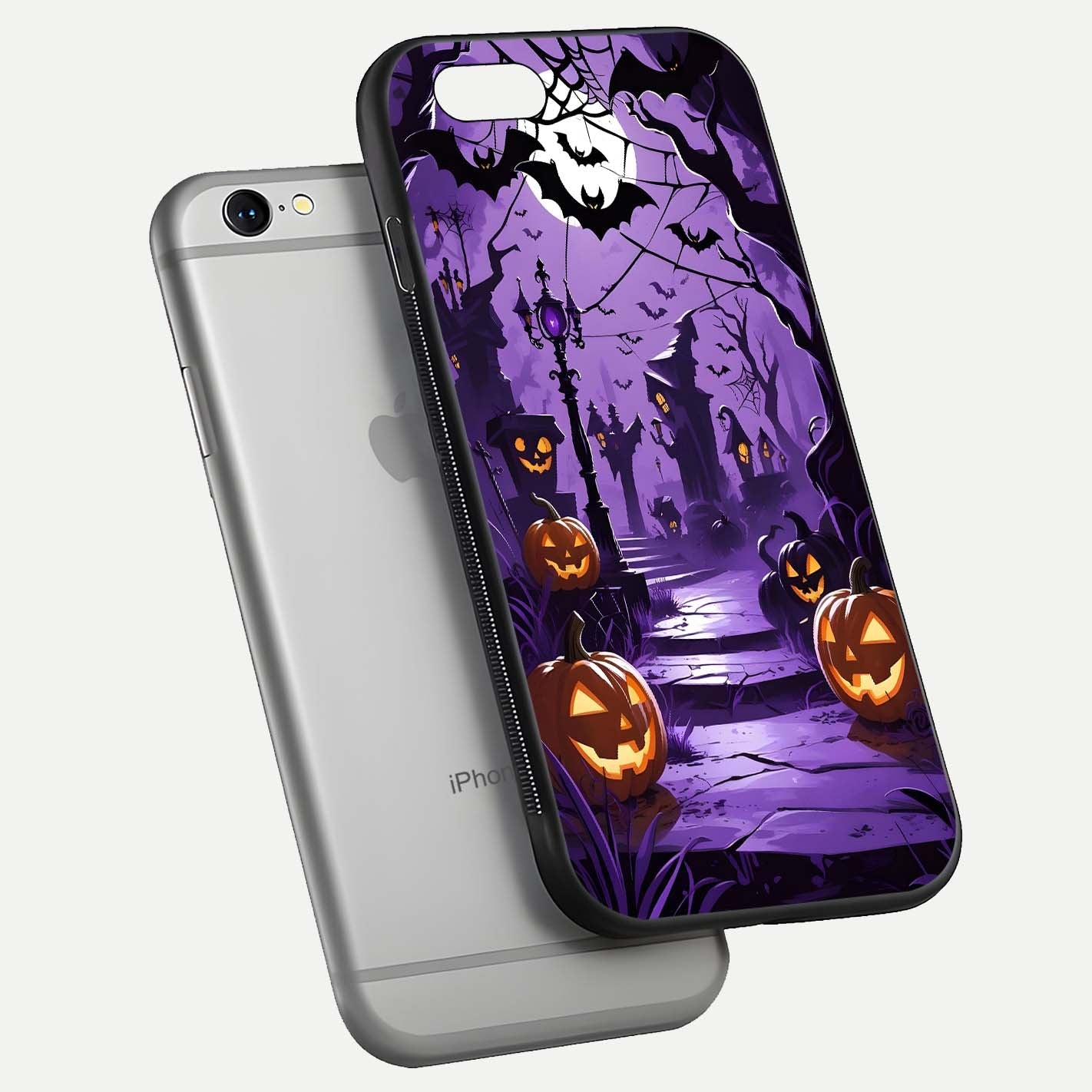 Pumpkin Patch Halloween Glass Case for iPhone 16 Pro floating dual-view mockup displaying gloss and dark tone