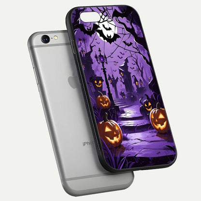 Pumpkin Patch Halloween Glass Case for iPhone 16 Pro floating dual-view mockup displaying gloss and dark tone