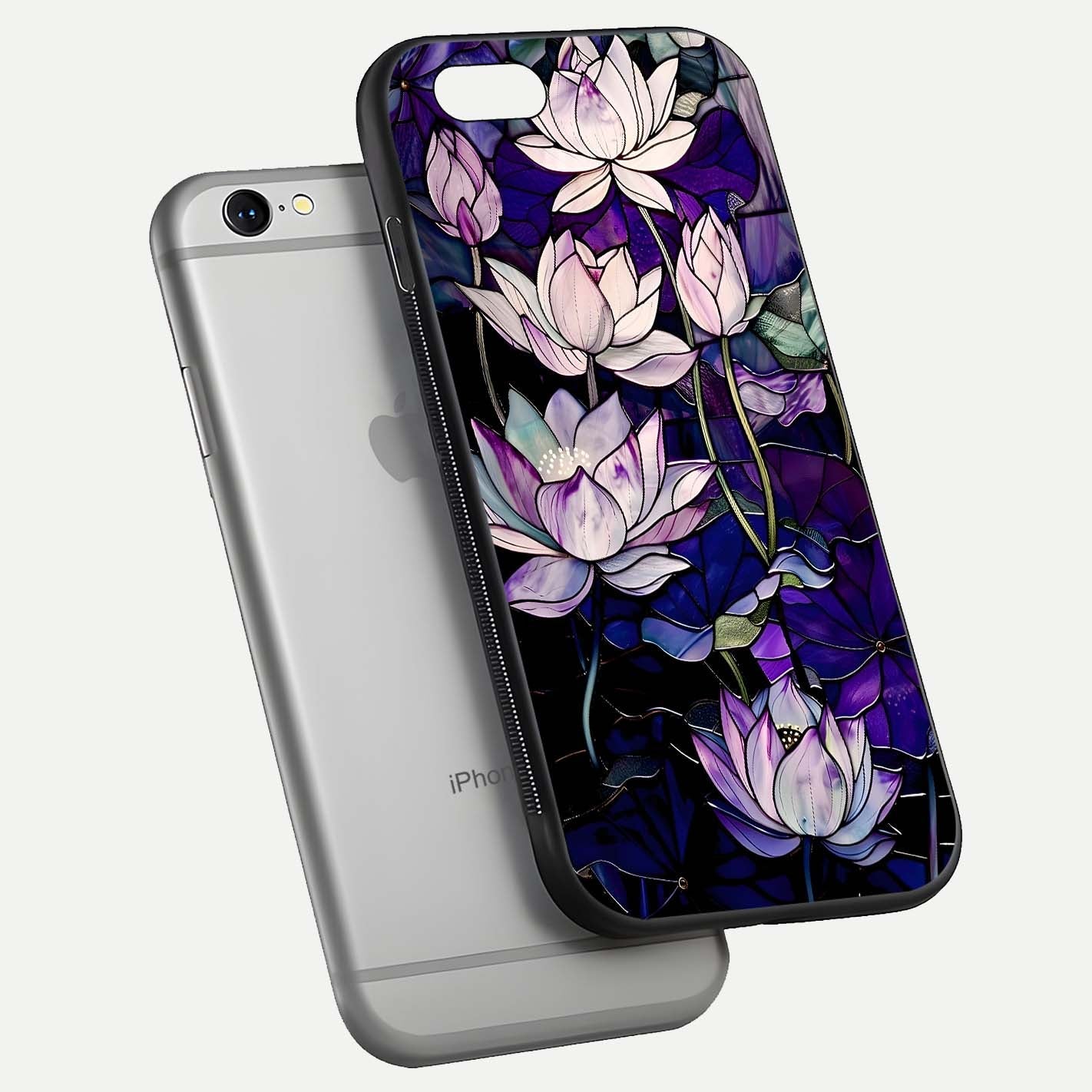 Purple Lotus Pattern Glass Case for iPhone 16 Pro floating dual-view mockup showing glass shine and vivid purple hue