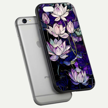 Purple Lotus Pattern Glass Case for iPhone 16 Pro floating dual-view mockup showing glass shine and vivid purple hue
