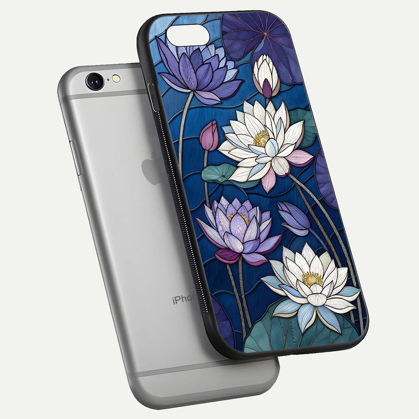 Purple Lotus Stained Glass Case for iPhone 16 Pro floating dual-view mockup displaying color depth and glass clarity