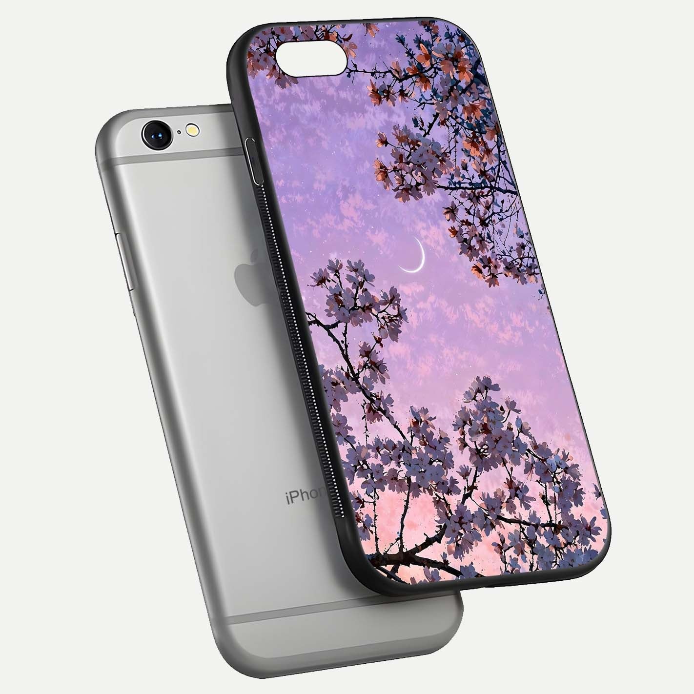 Purple Serenity Moon Glass Case for iPhone 16 Pro floating dual-view mockup showing gloss and cosmic detail