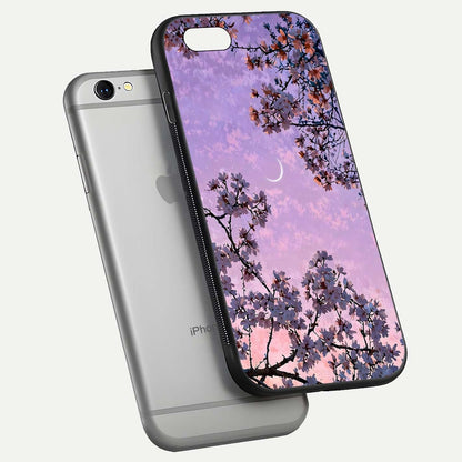 Purple Serenity Moon Glass Case for iPhone 16 Pro floating dual-view mockup showing gloss and cosmic detail