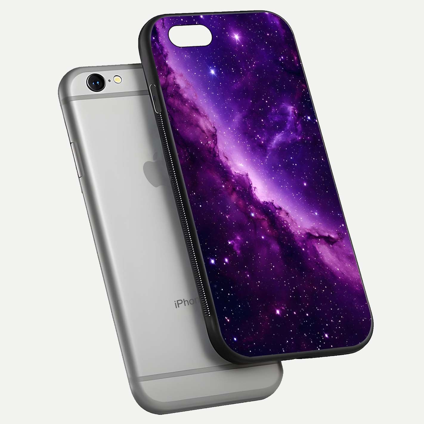 Purple Shade Sky Glass Case for iPhone 16 Pro floating dual-view mockup displaying gloss and sky theme
