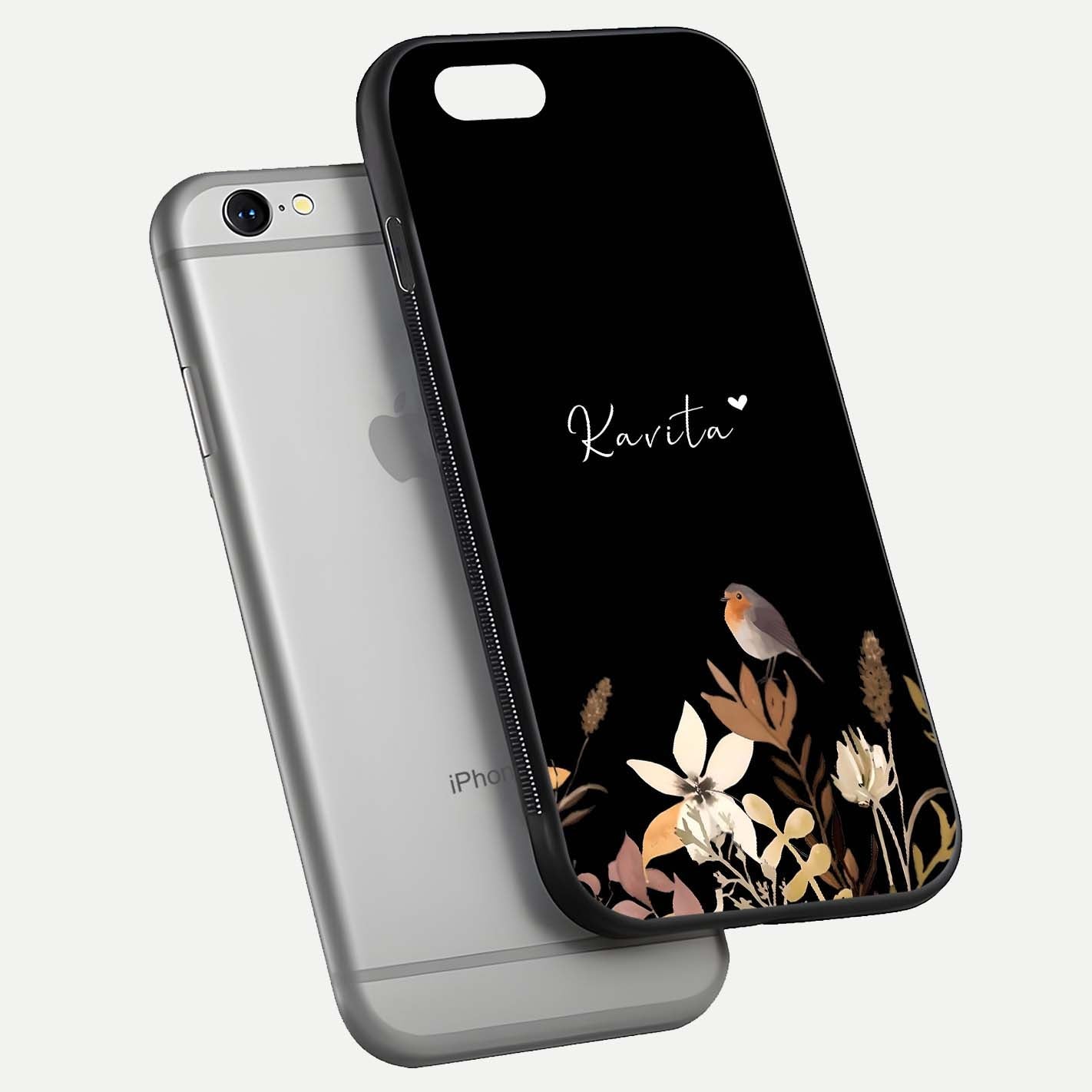 Quiet Garden Tune Custom Name Glass Case for iPhone 16 Pro floating dual-view mockup showing gloss and elegant detail