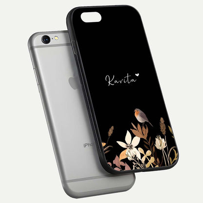 Quiet Garden Tune Custom Name Glass Case for iPhone 16 Pro floating dual-view mockup showing gloss and elegant detail