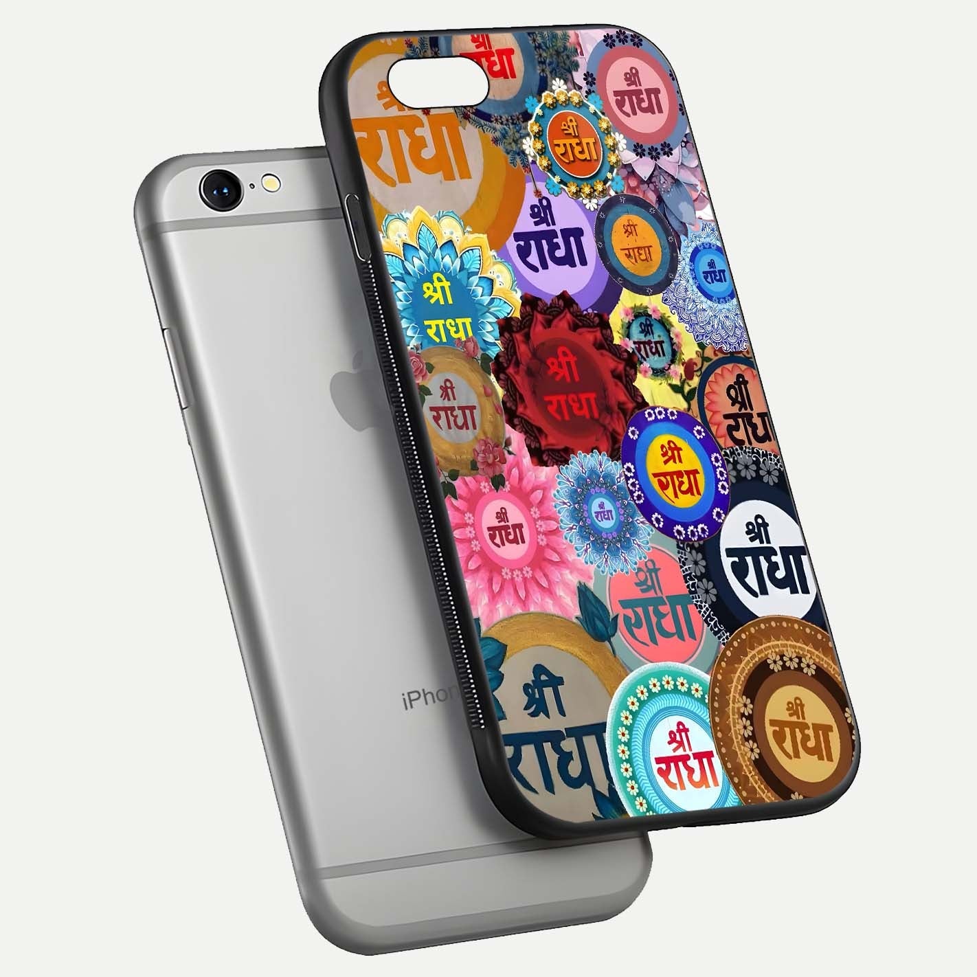 Radha Divine Bloom Glass Case for iPhone 16 Pro floating dual-view mockup showing gloss depth and HD art