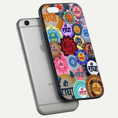 Radha Divine Bloom Glass Case for iPhone 16 Pro floating dual-view mockup showing gloss depth and HD art