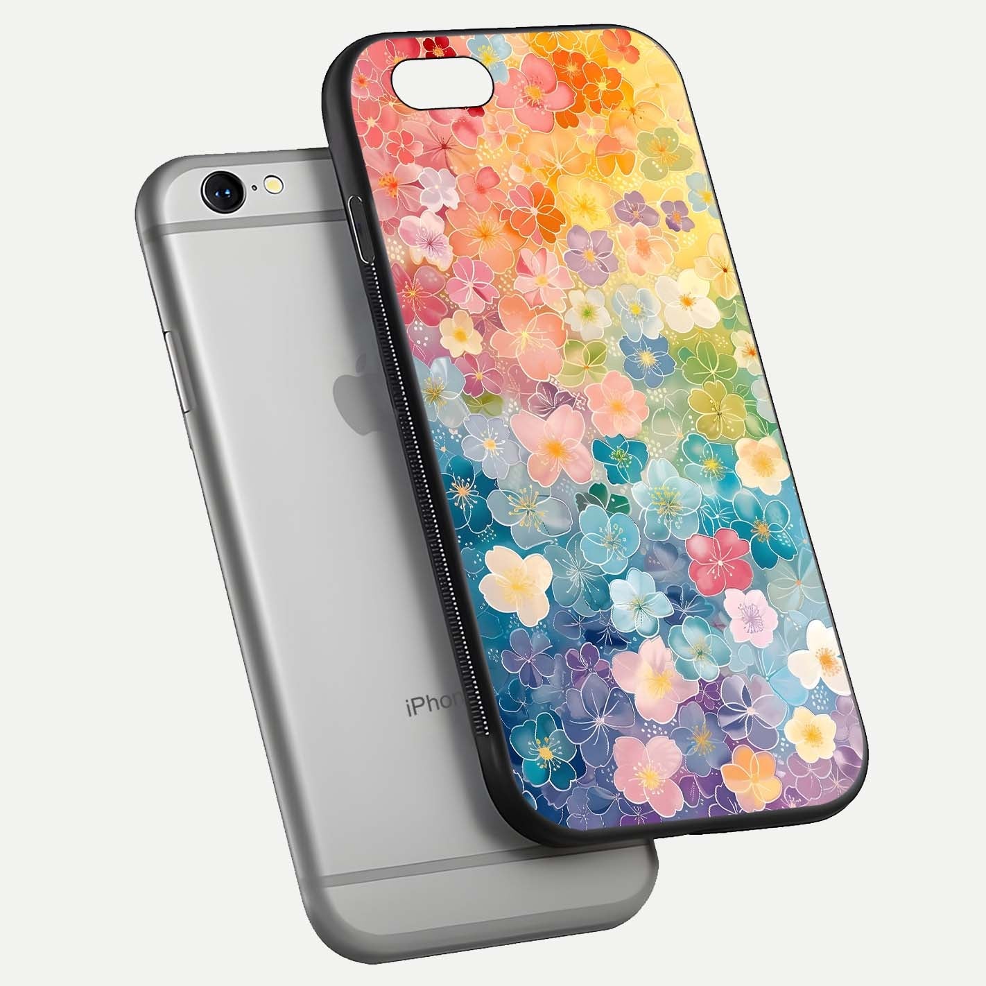 Rainbow Blossom Burst Glass Case for iPhone 16 Pro floating dual-view mockup displaying gloss and gradient pattern