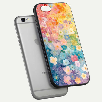 Rainbow Blossom Burst Glass Case for iPhone 16 Pro floating dual-view mockup displaying gloss and gradient pattern