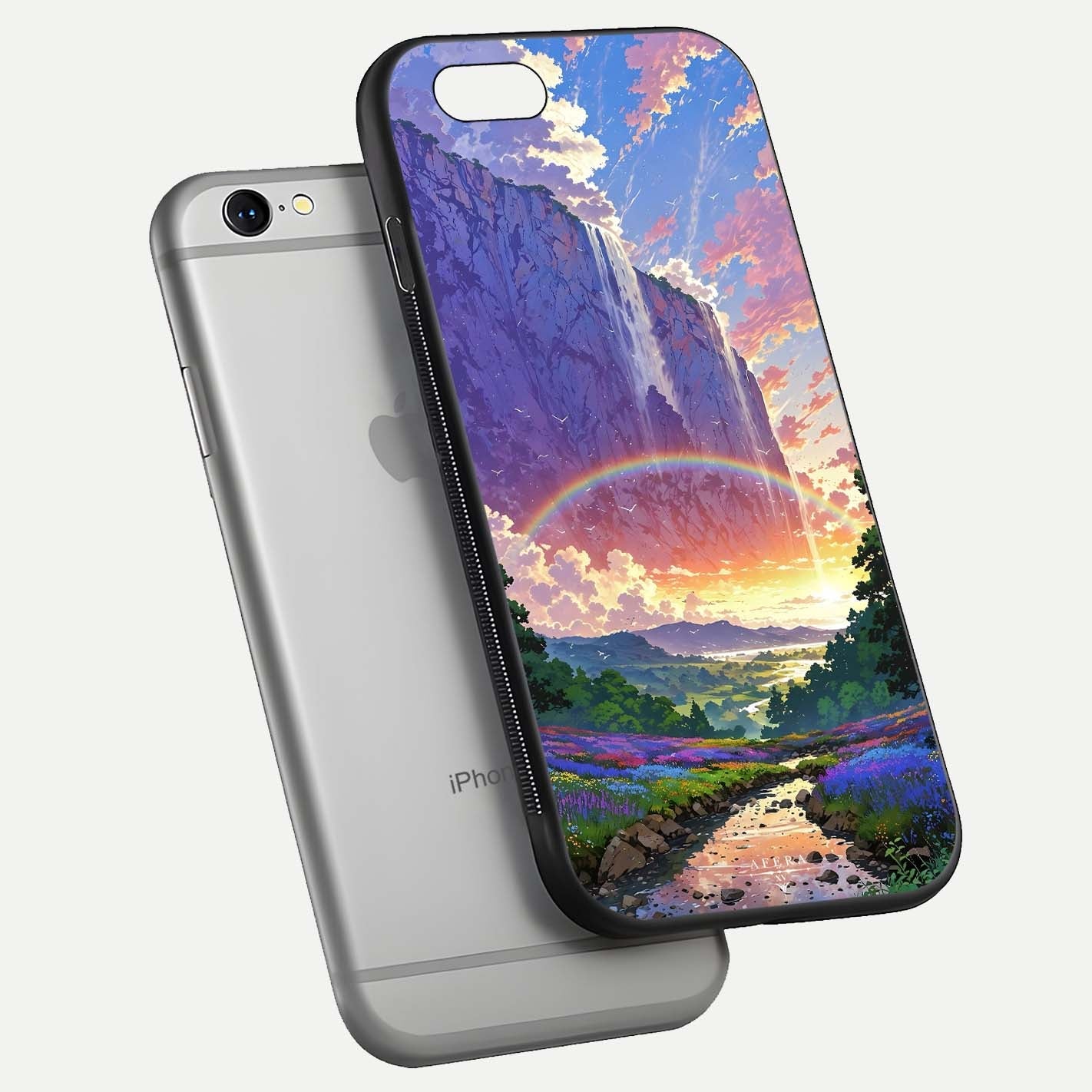 Rainbow Valley Dream Glass Case for iPhone 16 Pro floating dual-view mockup showing gloss texture and dream vibe
