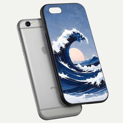 Rising Tide Power Glass Case for iPhone 16 Pro floating dual-view mockup displaying gloss texture and flow pattern