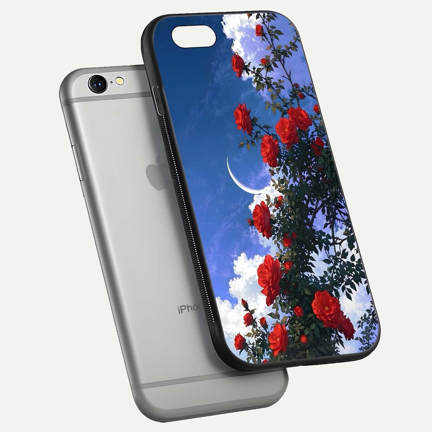 Rose Drift Flowers Glass Case for iPhone 16 Pro floating dual-view mockup showing gloss shine and floral tone