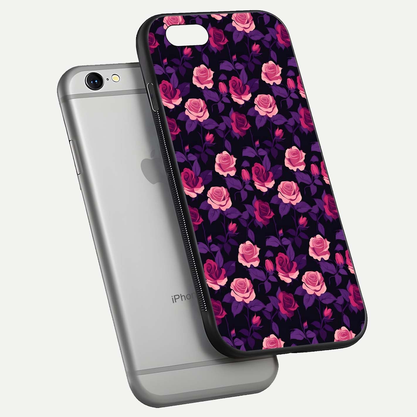 Rose Garden Twilight Glass Case for iPhone 16 Pro floating dual-view mockup displaying gloss surface and depth