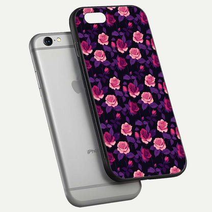 Rose Garden Twilight Glass Case for iPhone 16 Pro floating dual-view mockup displaying gloss surface and depth